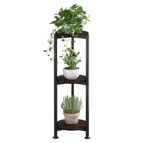 Plant Stand Indoor Outdoor 2 Tier Tall Metal Corner Storage Tiered Plant Shelf Holder Multiple for Living Room Balcony Garden,Black (3 Tier-Black Oak Round)