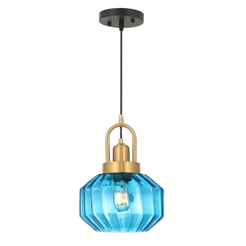9in Mid Century Modern Pendant Light, Gold and Small Blue Glass | Vintage Lighting Fixture Ceiling Hanging Lamp for Kitchen Island Foyer Dining Room Bedroom Entryway Hallway Over Sink Table - color: Blue & Gold Hardwire, size: 9in