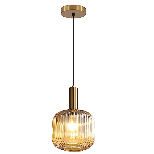 BOKT Modern Large Amber Glass Globe Pendant Light Fixture Brushed Brass Gold Kitchen Island Pendant Lighting Farmhouse Single 1-Light Spherical Ceiling Hanging Pendant Light (Amber) - color: Amber