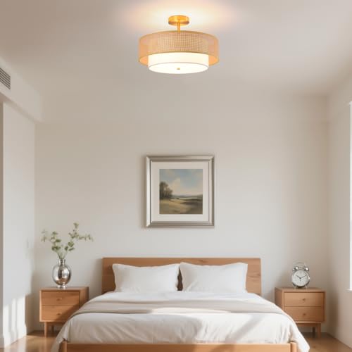 17.7" Gold Bohemian Wicker Flush Mount Ceiling Light, Hand-Woven Double Layer Drum Semi-Flush Fixture for Bedroom, Living Room, Dining Room, Hallway & Kitchen - color: 17.7'' Rattan&Fabric Gold