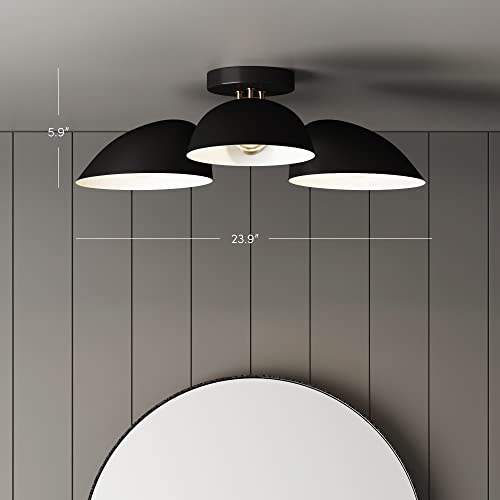 Nathan James Argo Semi Mount Flush Ceiling Light, 3-Lights Modern Retro Lighting with Black Rounded Shades for Hallway, Dining Room and Bedroom, Brass Gold/Black - color: Brass Gold/Black, size: 1