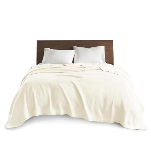 Madison Park 100% Egyptian Cotton Lightweight Summer Blanket, Breathable Waffle Knit Design, Soft Cozy All-Season Throw for Bed, Couch or Sofa, Ivory Cream Twin Size (66"x90") - color: Cream, size: Twin