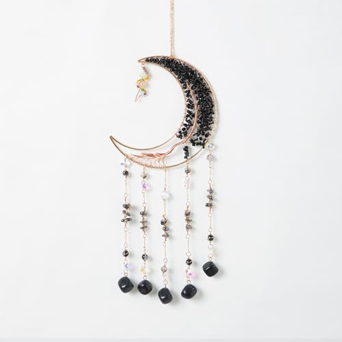 Black Gemstone Dream Catcher 7 Chakras Tree of Life Moon Dream Catcher with Healing Crystal Square Stones Handmade Dreamcatcher Wall Decor for Adults Boys Girls,Bedroom,Wedding,Garden,Bless Gift - color: Black Moon Square Stone