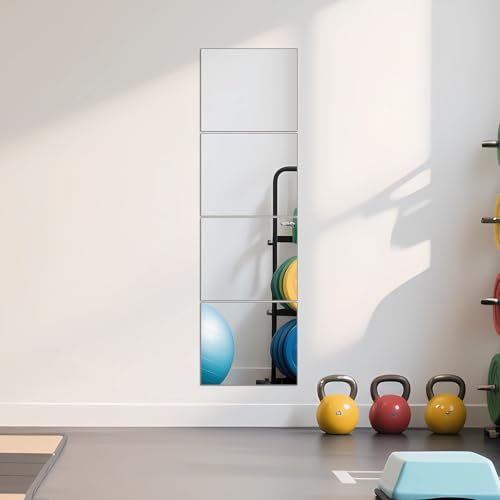 Ruomeng Full Length Mirror Tiles - 14" x 12" x 4Pcs Gym Mirror Frameless Wall Mirror for Home Gym, Door, Bedroom, Living Room - size: 14"x12"-4pcs