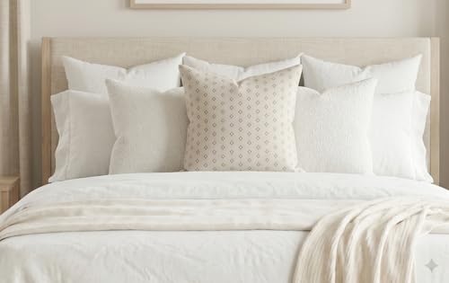 SanVia Cotton Throw Pillow Covers 20x20 – Handwoven Jacquard Texture, Fade-Resistant, No Pilling – Hidden Zipper, Decorative Cushion Cover for Sofa, Couch, Bed – Insert Not Included (Geometric, White) - color: Cream Beige, size: 20" x 20"