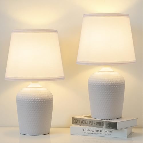Sucolite 16'' Table Lamps Set of 2, Bedside Nightstand Lamps for Bedroom Kid’s Room, Cute Desk Lamps with Studded Texture Base for Reading Nursery Living Room Office, White - color: White & White, size: 16''