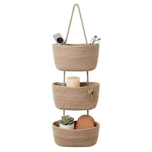 Hanging Wall Basket, Over the Door Hanging Basket with Hooks, Cotton Back of Door Organizer for Living Room, Bedroom, Boho Wall Decor, Toy Storage, Jute - color: Jute