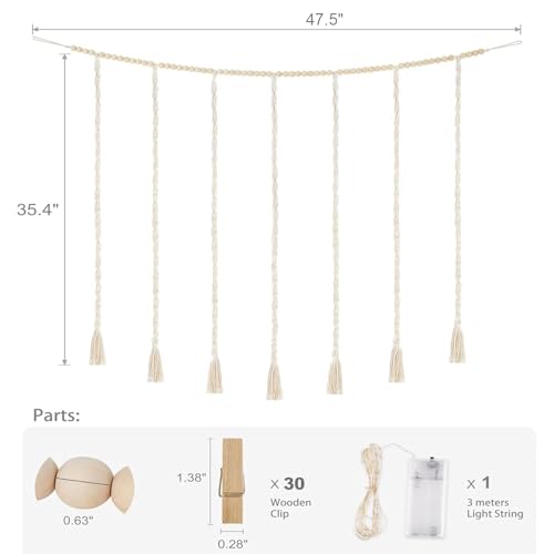 Macrame Hanging Photo Display Wall Decor, Bohemian Style,Picture with String Lights, Featuring a 30-Clip Teen Girl College Bedroom Living Room Classroom