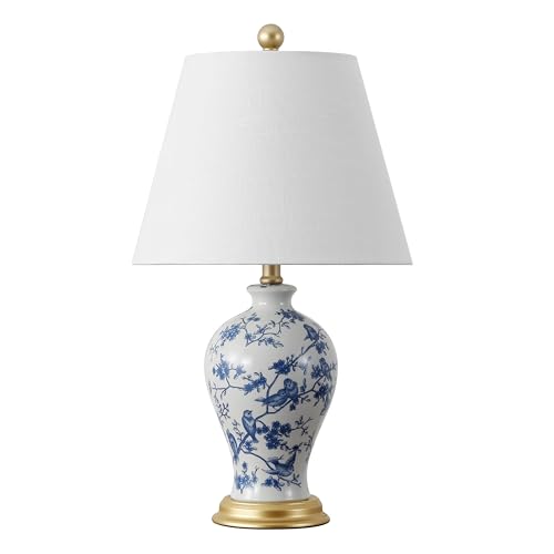 JONATHAN Y 24" Blue/White French Country Ceramic Floral Urn Table Lamp, White Linen Shade, Chinoiserie Ginger Jar Bedside Lamp for Living Room Bedroom, LED Bulb (JYL3009B) - color: Blue/White