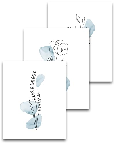 HesenDot Boho Art wall Décor,Botanical Print Set of 3, Blue Gallery Wall art,Abstract Line Watercolor Floral Home Decor,living room,bedroom - color: Unframed Flower Blue Art-20, size: 16"L x 12"W