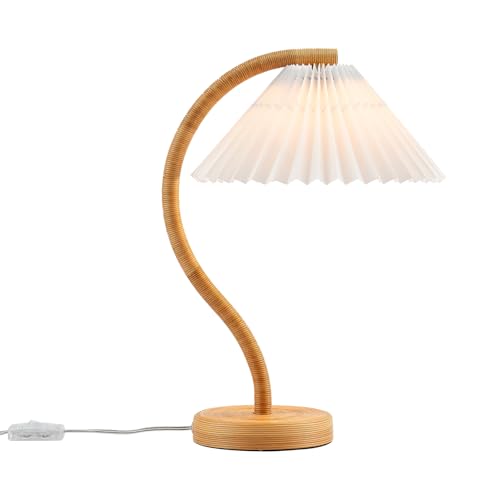 Boho Hand Woven Rattan Table Lamp with White Fabic Shades Plug in and Play Gooseneck Table Light for Bedside Living Room Bedroom Office