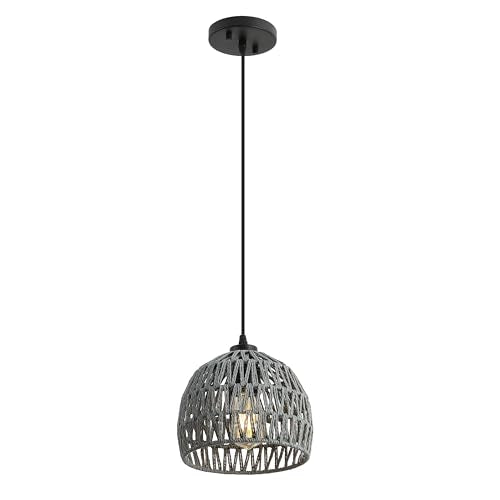 JONATHAN Y 8.25" Gray Modern Bohemian Woven Rope LED Pendant Light Fixture, Adjustable Dome Ceiling Lamp for Kitchen Island, Rope Shade, Coastal Farmhouse Decor (JYL6512D) - color: Gray, size: 8.25"