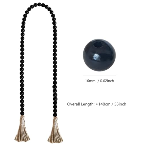 Boho Decor Wood Beads Garland Farmhouse Wall Hanging Decorations Natural Wooden Bead Tassel Decorative for Coffee Table Christmas and Prayer (Black, 58") - color: Black, size: 58"