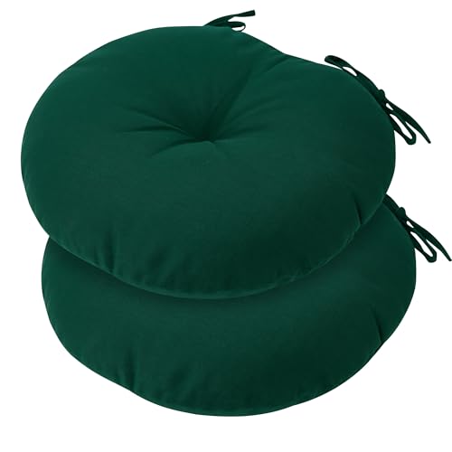 FUNHOME 15"x15"x4" Bistro Chair Cushion Set of 2, Water Repellent Round Outdoor Chair Cushions with Ties, Patio Tufted Chair Pads for Home Garden (Dark Green) - color: Dark Green