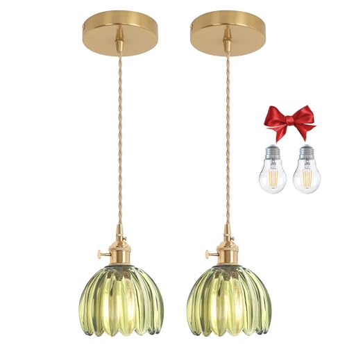 Green Tulip Glass Pendant Light, 2 Natural Light Bulbs Included, Adjustable Cord with Switch, Suitable for Kitchen Island/Dining Room - color: Green 2pcsTulip Pendant Light