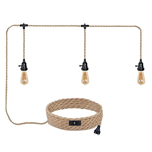 Triple Plug in Pendant Lights with Cord Hanging Lamp Kit with Switch 23 Ft Long Hemp Rope Farmhouse Pndant Light Cord Lighting Fixture Kits DIY Hanging Light - color: Yellow