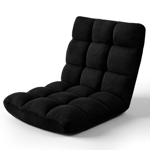Folding Floor Chair 14-Position Cushioned Adjustable Floor Lazy Sofa Chair w/Breathable Cotton & Skin-Friendly Coral Velve for Adults & Kids Ideal for Reading Meditating，Black - color: Black