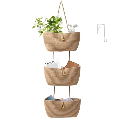 TeoKJ 3-Tier Cotton Rope Baskets with Button Strap Over the Door Wall Hanging Baskets for Nursery, Living Room, Bathroom, Door Storage Organizer for Decoration-Jute - color: Jute, style: 3 tier+Button