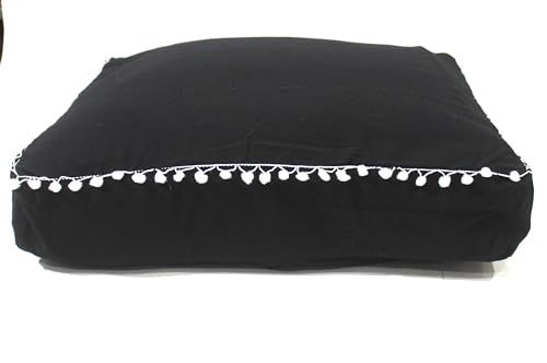 Round Mandala Floor Pillow Cover Seating Cushion Throw Cover Hippie Decorative Bohemian Ottoman Pouf Cover, Pom Pom Pillow Cases,Boho Indian (Black, 16" Square) - color: Black, size: 16"D x 5"W x 16"H