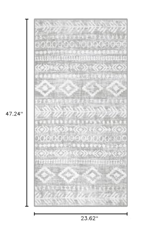 Lahome Moroccan Entryway Rug 2x4, Non Slip Washable Rubber Backing Mat, Boho Grey Tribal Print Retro Bedside Rugs, Low Pile Soft Indoor Small Throw Carpet for Front Door Bathroom Bedroom Varena - color: Grey/White, size: 2' x 4'