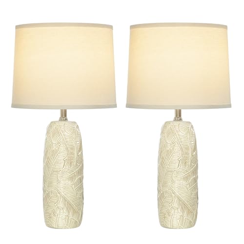 EUO 25” White Lamps Set of 2 for Living Room, Bedroom, Farmhouse Ceramic Table Lamps for Nightstand Set of 2, White Ceramic Lamps with Leaves Design - color: Leaves-WH