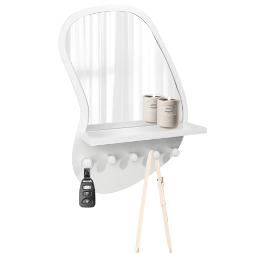 SANY DAYO HOME Wall Mount Wood Frame Irregular Mirror with 5 Wooden Hooks and Shelf, Modern Decorative Hanging Mirror for Entryway, Bedroom, Living Room (16″ x 12″, White) - color: White