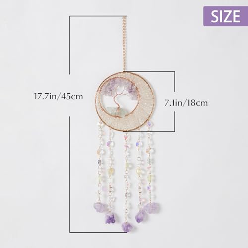 Green Quartz Gemstone Dream Catcher Tree of Life Chakra Dream Catchers with Healing Crystal Stones Handmade Dreamcatcher Sun Catcher Wall Decor for Boys Girls,Bedroom,Wedding,Garden,Bless Gift - color: 7 Chakra Tree With Green Quartz
