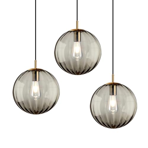 Modern Smoke Grey Glass Pendant Light, Kitchen Island Lighting 3-Pack Globe Pendant Light Fixtures Century Kitchen Island Pendant Lighting for Bedroom Living Dining Room Light Fixture (Without Bulb) - color: BW-Smoky Gray-1 Light-3PC