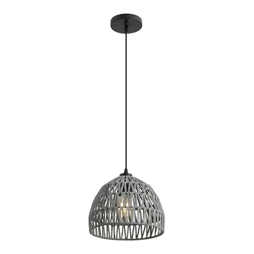 JONATHAN Y 10.25" Gray Modern Bohemian Woven Rope LED Pendant Light Fixture, Adjustable Dome Ceiling Lamp for Kitchen Island, Rope Shade, Coastal Farmhouse Decor (JYL6513D) - color: Gray, size: 10.25"