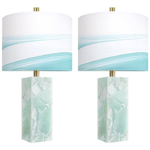 Scenekoy 23" Alabaster Table Lamp Set of 2 with Night Light for Bedroom Living Room, Rotary Switch, Blue Table Lamp with Linen Shade, Modern Nightstand Lamps for Room Bedside Bedroom (Bulb Included) - color: Blue