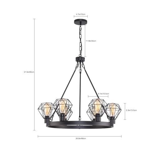 Wagon Wheel Chandelier Modern Farmhouse Pendant Light,Black Farmhouse Chandelier, 6-Light Wagon Wheel Chandelier with Adjustable Height, Dining Room Light Fixture, Hanging Lights - color: B
