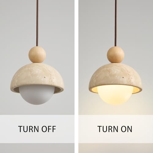 7.1inch Wabi Sabi Pendant Light, Yellow Travertine Pendant Light Fixture, Natural Stone & Wood Hanging Lamp for Kitchen Island, Hallway, Bedroom Bedside, Living Room, Dining Room (1pcs) - color: 7.1inch stone-1pcs