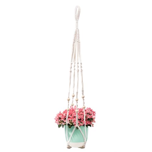 Boho Macrame Plant Hanger, 35 Inch Handmade Cotton Rope Hanging Planter Basket with Wooden Beads for Indoor & Outdoor Decor (White, Set of 1) - color: White