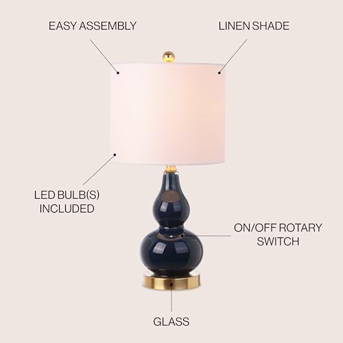 JONATHAN Y 20.5" Navy Glass Table Lamp, Modern Gourd Bedside Nightstand Lamp for Bedroom, Living Room, White Linen Shade, LED Bulb Included (JYL1028F) - color: Navy, size: Single