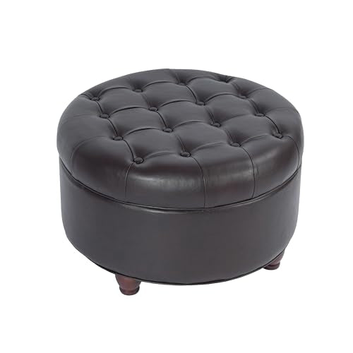 HomePop 25" Button Tufted Round Storage Ottoman - Distressed Brown Faux Leather - color: Brown