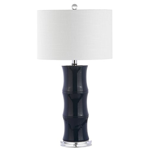 JONATHAN Y 26.5" Navy Blue Ceramic Table Lamp for Living Room, Bedroom Nightstand, White Linen Drum Shade, Bamboo Design Modern Bedside Desk Lamp with LED Bulb Included JYL3015A - color: Navy