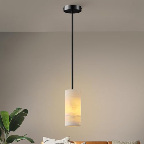 YUYI Alabaster Pendant Light Kitchen Island, H-9.5in Black Pendant Light Fixtures with Natural Marble Shade, Adjustable Ceiling Pendant for Dining Room, Living Room, Bedroom & Bathroom - color: 2-Black, size: 1 Pack