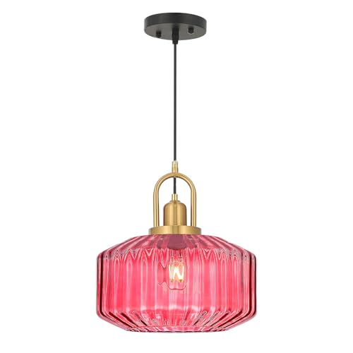 11.8in Mid Century Modern Pendant Light Gold Large Wine Red Glass | Vintage Lighting Fixture Ceiling Hanging Lamp for Kitchen Island Foyer Dining Room Bedroom Entryway Hallway Over Sink Table - color: Wine Red & Gold Hardwire, size: 11.8in