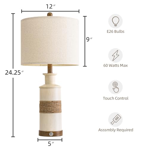 BOBOMOMO 24.5" Farmhouse Boho Table Lamps Set of 2, Hand-Woven Rattan Bedside Lamps with 3-Way Dimmable Touch Control & USB A+C Ports, Nightstand Lamp for Bedroom, Living Room, Corner (Bulbs Included) - size: 24.25"
