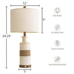BOBOMOMO 24.5" Farmhouse Boho Table Lamps Set of 2, Hand-Woven Rattan Bedside Lamps with 3-Way Dimmable Touch Control & USB A+C Ports, Nightstand Lamp for Bedroom, Living Room, Corner (Bulbs Included) - size: 24.25"