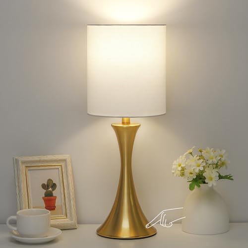 Gold Bedside Lamp Touch Control Table Lamp for Bedroom, 3-Way Dimmable Nightstand Lamp with White Shade, Modern Table Lamp for Living Room, Minimalist Desk Lamp for Dorm, Home, Office, Bulb Included - color: Gold Base with White Shade
