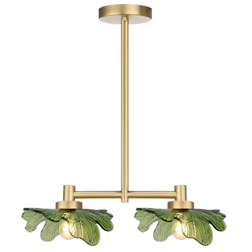 2 Light Green Glass Pendant Light Adjustable Hanging Lamp | Leaf Glass Linear Pendant Light, Adjustable Gold Metal Rod, E26 Socket For Kitchen Island Dining Room - color: Green, 2 Light