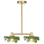 2 Light Green Glass Pendant Light Adjustable Hanging Lamp | Leaf Glass Linear Pendant Light, Adjustable Gold Metal Rod, E26 Socket For Kitchen Island Dining Room - color: Green, 2 Light