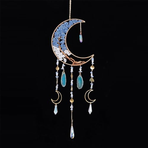 Agate Moon Dream Catchers with Crystal 7 Chakra Gemstone Dream Catchers Color Natural Gem Agate Wall Hangings Room Garden Dreamcatchers Decor (Blue) - color: Blue