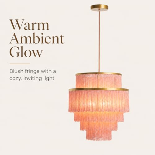 5-Tiered Boho Chandelier with Metal and Fringe,3 Lights Fringe Pendant Light Fixture,Tassle Chandelier for entryway,Dining Room,Baby Nursery - color: Pale blush/Coral-Pendant
