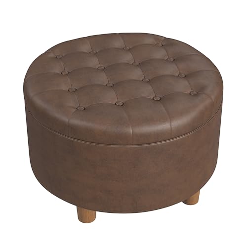 HomePop 28" Button Round Storage Ottoman - Brown Faux Leather - color: Brown Faux Leather