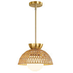 AIJIASI Rattan Pendant Light, 11.8" Hand Woven Boho Pendant Light Fixture with Milk Glass Globe, Gold Kitchen Pendant Lighting Over Island Adjustable Chandelier for Dining Room Hallway Foyer - color: Gold