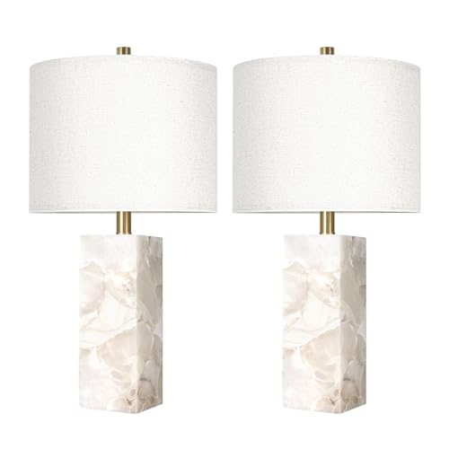 Scenekoy Alabaster Table Lamp Set of 2 with Night Light for Bedroom Living Room, 23" Rotary Switch Bedside Lamp with Linen Shade, Modern Nightstand Lamps for Room Office Dorm (Bulb Included) - color: White