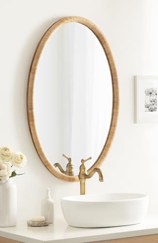 Kate and Laurel Rahfy Boho Oval Rattan Wall Mirror, 24 x 36, Natural Wood, Decorative Rounded Mirror with Authentic Rattan Frame for Use as Bathroom Vanity Mirror or Bohemian Bedroom Mirror