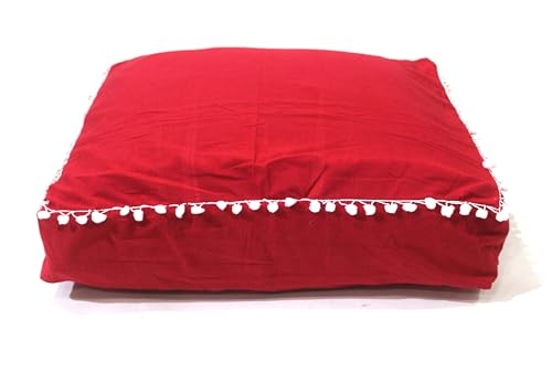 Mandala Barmeri Large Floor Pillow Cover Cushion Meditation Seating Ottoman Throw Cover Hippie Decorative Zipped Bohemian Pouf Ottoman Poufs, Pom Pom Pillow Cases (Red, 16" square) - color: Red, size: 16"D x 5"W x 16"H